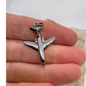 Vintage Sterling Silver Airplane Jet Charm Rhodium Plated Travel Pendant 3.59g thumbnail 2