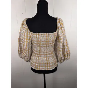 Anthropologie Maeve Plaid Square-Neck Blouse bohemian-style Xs Puff Sleeve thumbnail 3