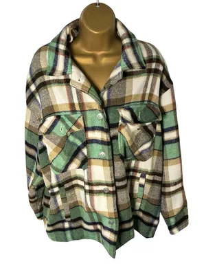 Zara Plaid Shacket Overshirt Snap Front Green Cream Large L thumbnail 2