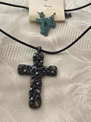 DaVinci Necklace Earrings Set Cross Pendant 3” H Goth Punk Steampunk Black Blue thumbnail 1