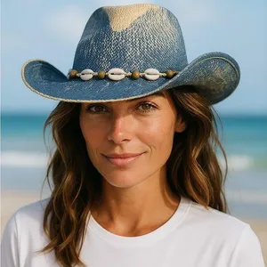 Blue and Tan Women's paper straw Cowgirl Hat thumbnail 1