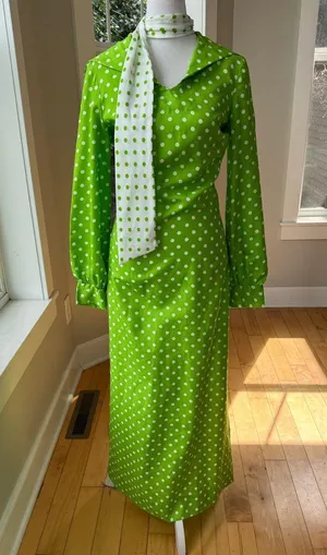 Vintage 1960s Handmade Lime Green White Polka Dot Column Maxi Dress and Scarf thumbnail 3
