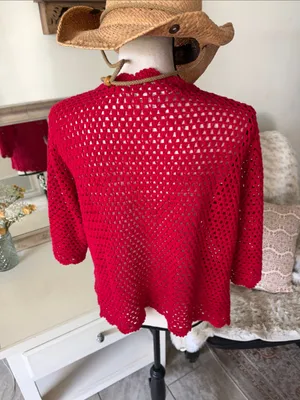 Norm Thompson red linen cotton, crochet knit, 3/4 sleeve sweater cardigan XL thumbnail 7