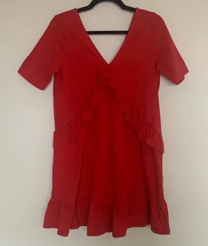 ASOS Red Cotton Ruffle V-Neck Mini Dress Short Sleeve US 4 Coquette thumbnail 1