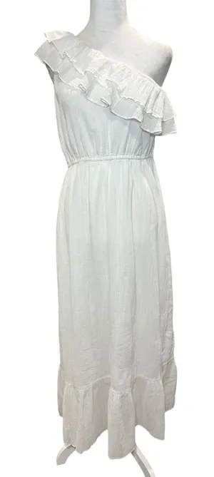Boston Proper White One Shoulder Ruffle Midi Dress 12‎ Cotton Tiered thumbnail 1