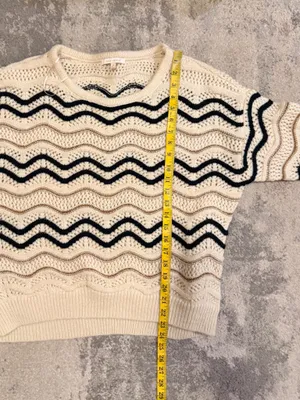 Skies Are Blue Cream Open-Knit Sweater with Black Wave Stripes thumbnail 6
