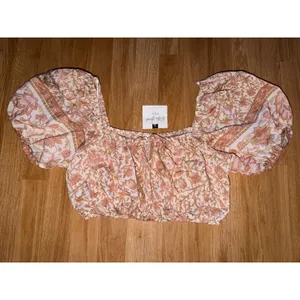 By The River Boho Cottage Core Floral Puff Sleeve Crop Top Pink Tan Small thumbnail 2