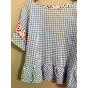 Matilda Jane Blue Gingham Ruffle Top Floral Trim Short Sleeve Womens Size S thumbnail 3