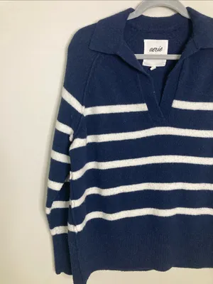 aerie Navy & White Striped V‑Neck Polo Sweater thumbnail 3