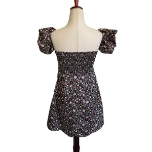 Pomelo Floral Puff Sleeve Mini Dress Black‎ Purple Square Neck Smocked Back M thumbnail 10
