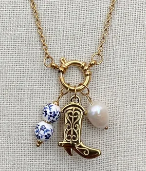 Boot Charm Necklace with Blue Floral Beads and Faux Pearl thumbnail 1