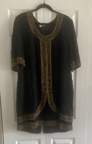 Brilliante by J.A. Vintage Beaded Shift Dress Womens L Black Gold Evening Silk L thumbnail 1