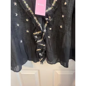 Muse Republic Clothing Black Embroidered Ruffle Blouse Size L NWT thumbnail 4
