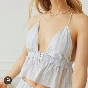 Urban Outfitters -1851 NWT Out From Under Blue Striped‎ Cami Crop Top Smocked Ruffle Hem Small thumbnail 1