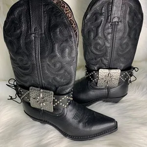 Handmade Womens Black Studded Leather Metal Buckle Removable Boot Band One Size thumbnail 1