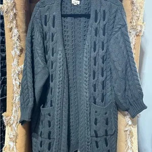 POL Chunky Cable Knit Long Line Slouchy Open Cardigan Sweater Gray S thumbnail 2