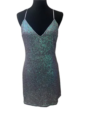 Victoria's Secret Iridescent Lavender Sequin Deep V Crisscross Back Mini Dress thumbnail 2