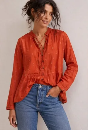 Free People Pilcro Anthropologie Rust Orange Tiered Tunic Blouse Embroidered Boho Cotton thumbnail 1