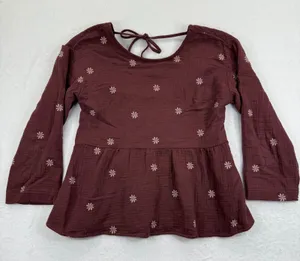 Madewell Embroidered Floral Peplum Top Gauze Tie‎ Back Maroon Womens Size S thumbnail 1
