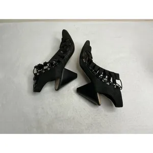 Vince Camuto Womens 9W Black Strappy Lace Up Cage Sandals Cone Heel Side Zip thumbnail 4