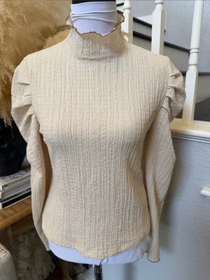FREE PEOPLE Ela Mock Neck Puff Sleeve Blouse Beige Size Small thumbnail 2