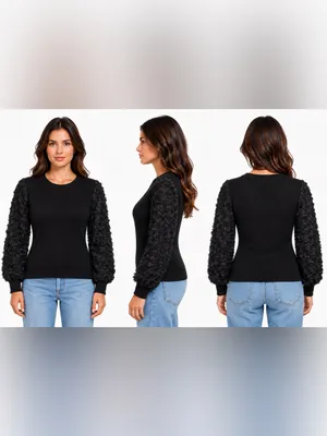 Anthropologie Black Textured Puff Sleeve Sweater Size Large Statement Sleeve thumbnail 2