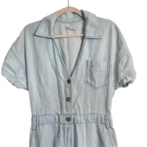Zara Women’s Blue Denim Cotton‎ Linen Blend Jumpsuit Size Medium thumbnail 4