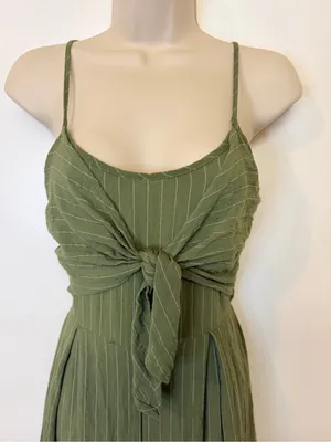 Flying Tomato Wide Leg Pinstripe Tie Front Keyhole Back Strap Jumpsuit Green S thumbnail 5