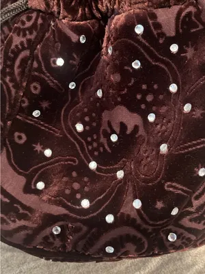 Rich Brown Velvet Drawstring Bucket Bag Ornate Tonal Paisley Rhinestones thumbnail 8