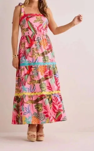 Avara Susana Maxi Dress XS NWT Pink Tropical Parrot Palm Rick Rack Cotton Tiered thumbnail 1