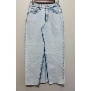 Zara Women's Light Acid Wash Denim Maxi Skirt High Waisted Front‎ Slit Raw Hem M thumbnail 2