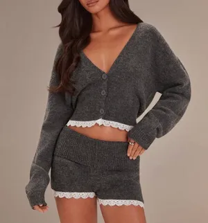 Cozy Cropped Gray and White Lace Sweater and Shorts Set thumbnail 1