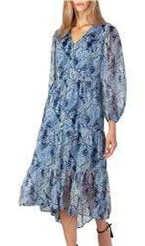 Joie Parisian Paisley Blue Tiered Midi‎ Dress V-Neck Long Sleeve Womens L Flowy thumbnail 1