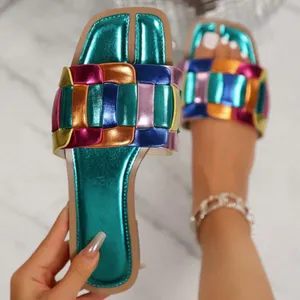 Women’s Metallic Slide Sandals – Color Block Woven Strap, Flat Comfort thumbnail 1