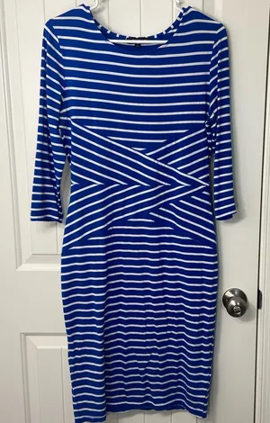 NWOT REPHYLLIS women’s blue white‎ striped bodycon stretch midi knee dress large thumbnail 1