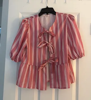 SundayUp Pink and White Striped Puff Sleeve Peplum Bow Ties Blouse thumbnail 1