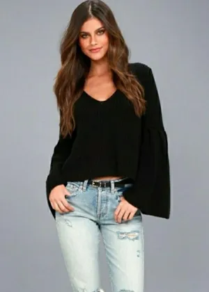 Free People Damsel Knit Black Sweater Top Bell Sleeve V-neck Size S thumbnail 1