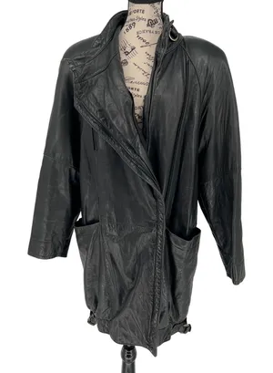 Vintage G-III Leather Fashions Oversized Black Leather Jacket Drawstring Waist thumbnail 1