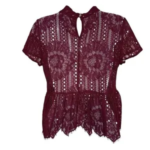 ANTHROPOLOGIE Wine Crochet and Lace Peplum‎ Hem Blouse NWOT Size XS thumbnail 6