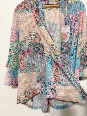 World Market Floral Boho Patchwork Open Front Kimono Cardigan one size pink blue thumbnail 6
