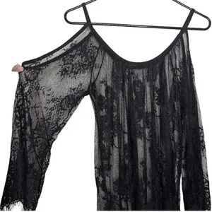 Black Floral Sheer Lace Mini Dress Coverup S Resort Witchy Whimsigoth Romantic‎ thumbnail 16