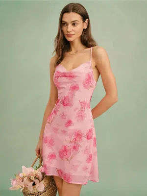 Rihoas Pink Floral Cowl Neck Slip Mini Dress thumbnail 3