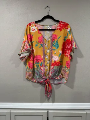Umgee Floral Tie-Front Boho Blouse in Mustard thumbnail 2