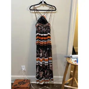 bdba Silk Maxi Dress Size Small Resort Ocean Beaded Straps Stripped 3D Halter‎ thumbnail 3