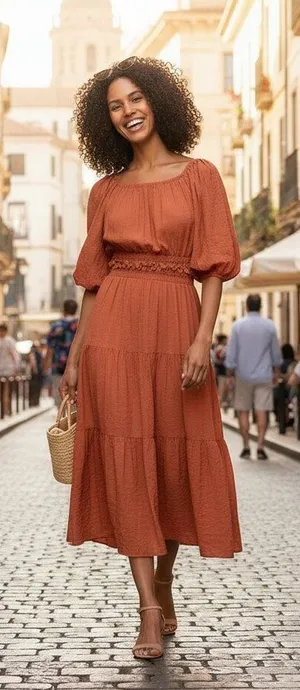 MOON RIVER  Puff Sleeve Back Cutout Midi Dress Rust Size Small NWT thumbnail 1