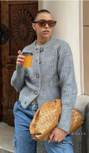 Zara Gray Marl Alpaca Wool Blend Chunky Knit Cropped Cardigan 9598/151 thumbnail 1