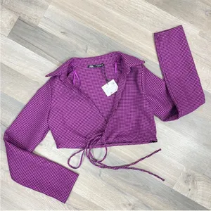 Zara Houndstooth Cropped Polo Top Purple Black‎ Small Long Sleeve Deep V-neck thumbnail 15