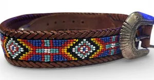 Vintage 1991 Brighton beaded western brown leather belt Aztec diamond pattern 30 thumbnail 1