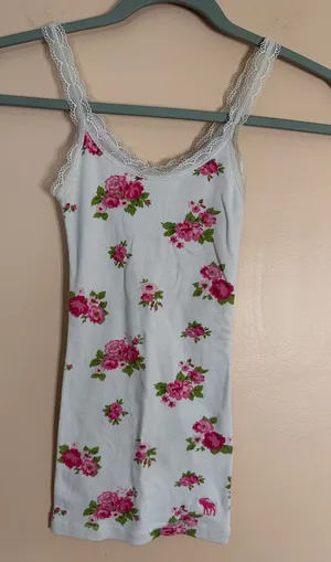 Abercrombie & Fitch White Floral Lace-Trim Cami with Pink Roses thumbnail 1