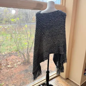 Knit poncho shawl boxy blanket pullover fringe in Black pullover work to night thumbnail 4